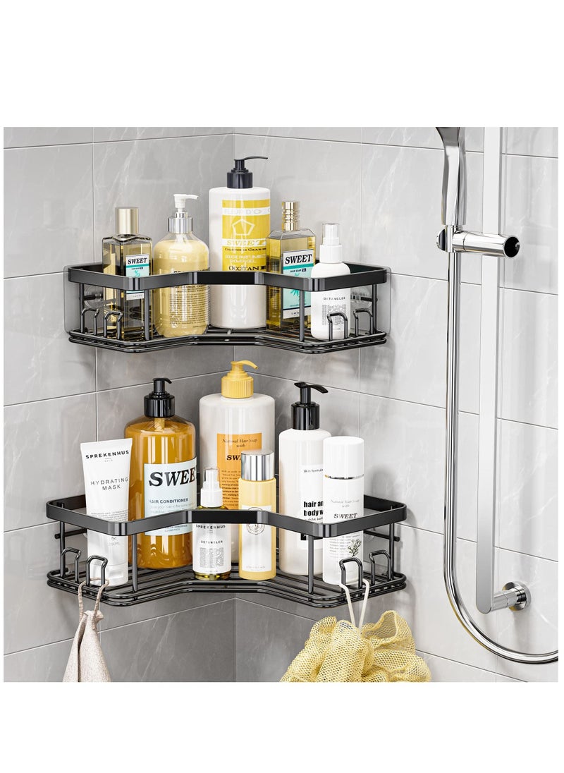 Arabest - Corner Shower Shelf with Adhesive, Stainless Steel Shower Storage Shower Shelf with 8 Hooks for Indoor Shower, Black - Image 1