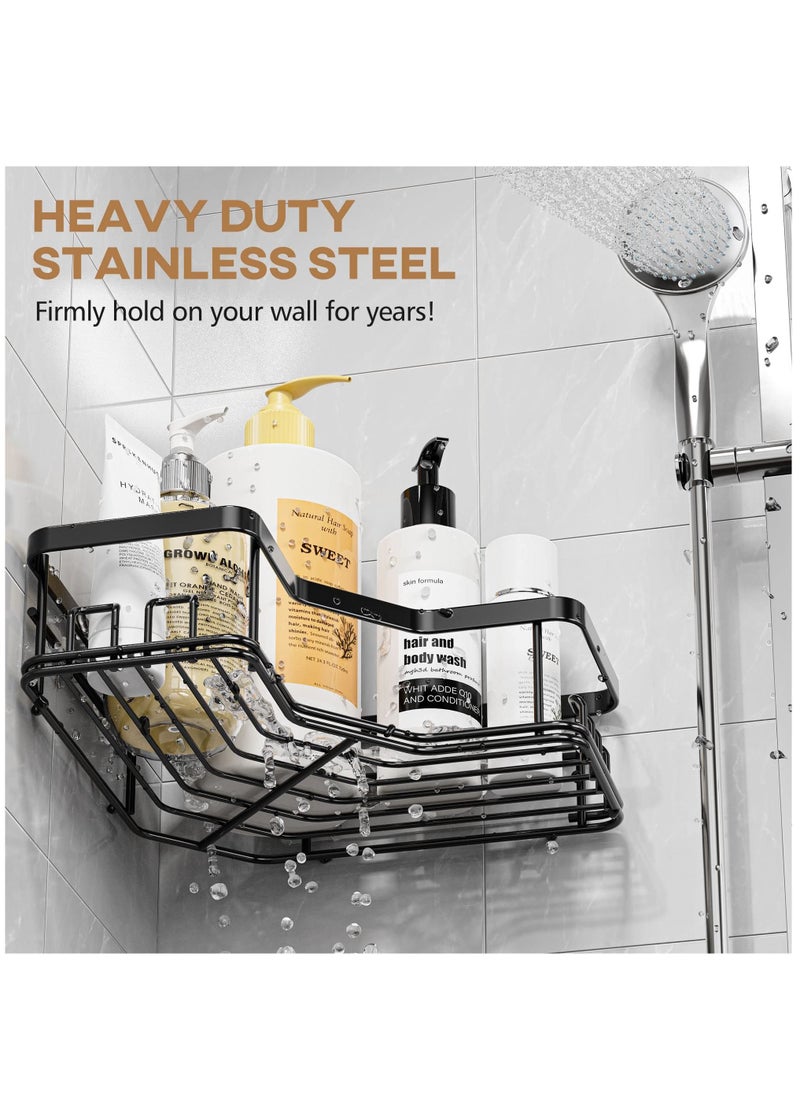 Arabest - Corner Shower Shelf with Adhesive, Stainless Steel Shower Storage Shower Shelf with 8 Hooks for Indoor Shower, Black - Image 1