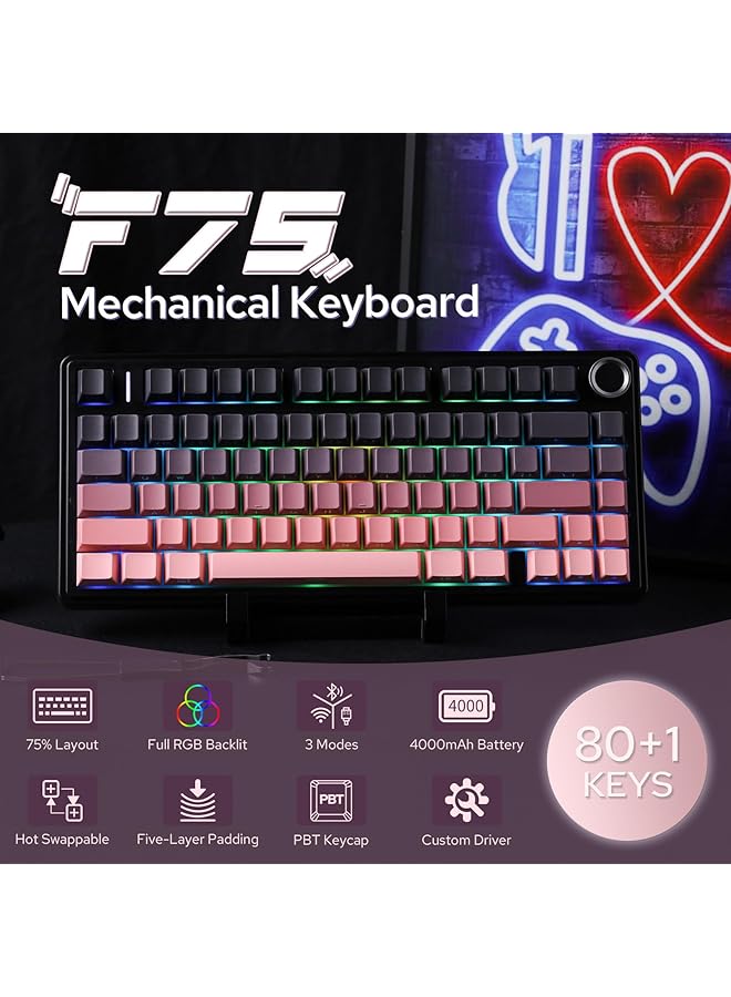 EPOMAKER X Aula F75 Gasket Mechanical Keyboard 75% Wireless Hot Swappable Gaming Keyboard With Five Layer Padding&Knob Bluetooth/2.4Ghz/Usb C Rgb(Black Pink Gradient) - Image 2