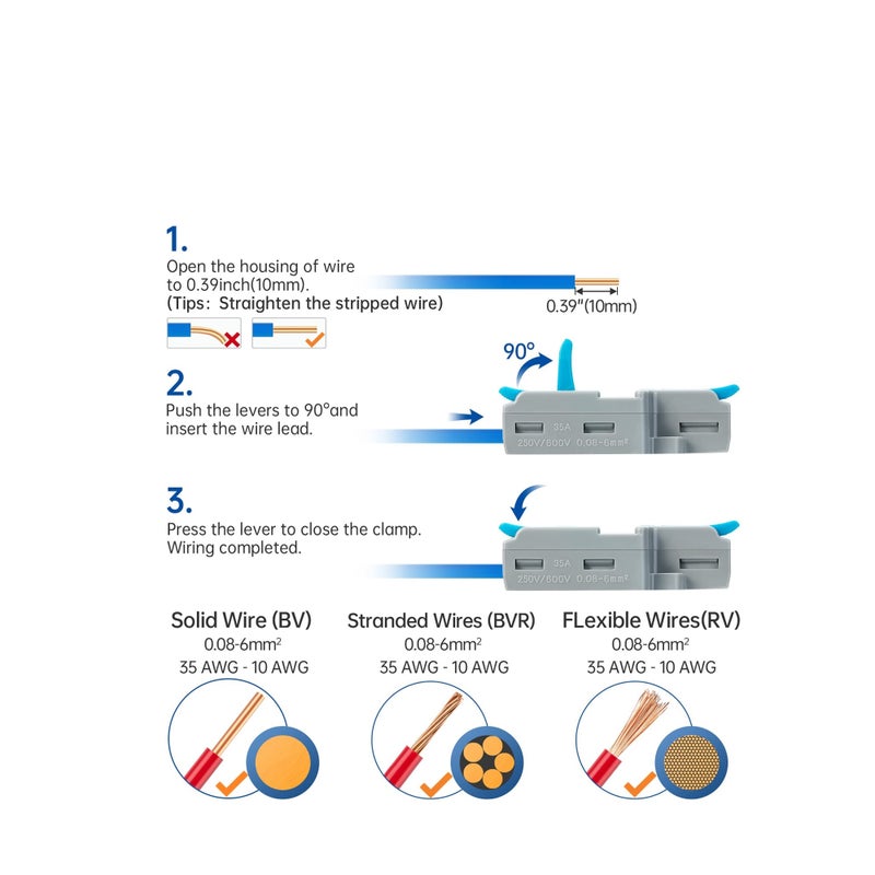 SOLARAE Lever Wire Nuts Wire Connectors, 10Pcs Compact Splicing Connector Push-in Conductor Terminal Blocks (New- 2 in 6 Out) - Image 4