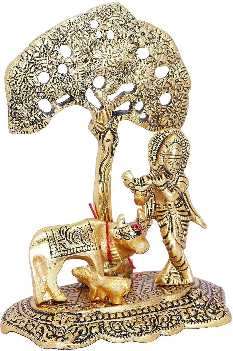 CHHARIYA CRAFTS Metal Krishna With Kamdhenu Cow Standing Under Tree Plying Flute Gift Item Decorative Showpiece For Home And Office Decor (Gold, Fantasy, 12 Cm, 8 Cm) - Image 4