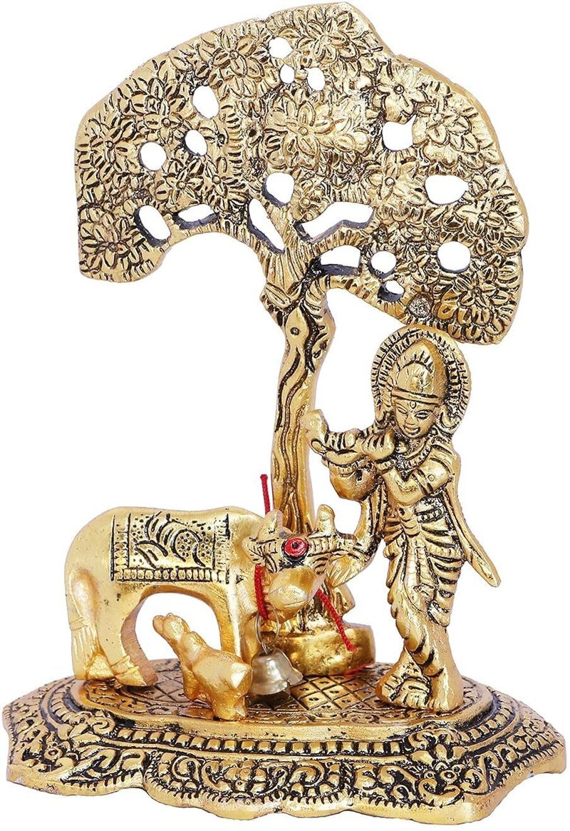 CHHARIYA CRAFTS Metal Krishna With Kamdhenu Cow Standing Under Tree Plying Flute Gift Item Decorative Showpiece For Home And Office Decor (Gold, Fantasy, 12 Cm, 8 Cm) - Image 5