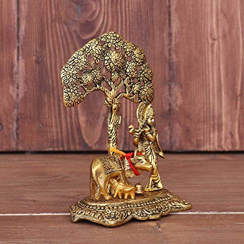 CHHARIYA CRAFTS Metal Krishna With Kamdhenu Cow Standing Under Tree Plying Flute Gift Item Decorative Showpiece For Home And Office Decor (Gold, Fantasy, 12 Cm, 8 Cm) - Image 2
