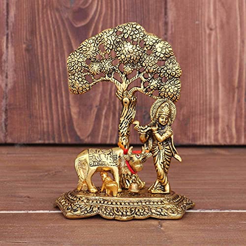 CHHARIYA CRAFTS Metal Krishna With Kamdhenu Cow Standing Under Tree Plying Flute Gift Item Decorative Showpiece For Home And Office Decor (Gold, Fantasy, 12 Cm, 8 Cm) - Image 1