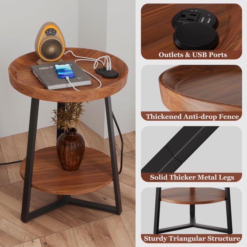 Gadroad Round End Table with Charging Station, USB Ports, Wood Tabletop & Black Metal Frame, 2-Tier Side Table for Living Room, Bedroom, Brown 15.7 * 15.7 * 23.0inches - Image 3