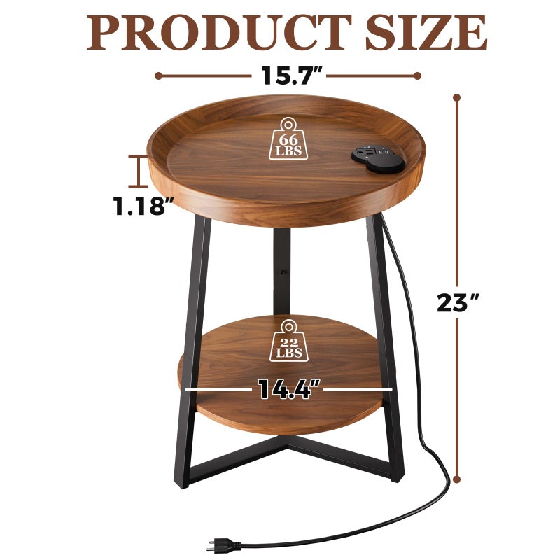 Gadroad Round End Table with Charging Station, USB Ports, Wood Tabletop & Black Metal Frame, 2-Tier Side Table for Living Room, Bedroom, Brown 15.7 * 15.7 * 23.0inches - Image 2