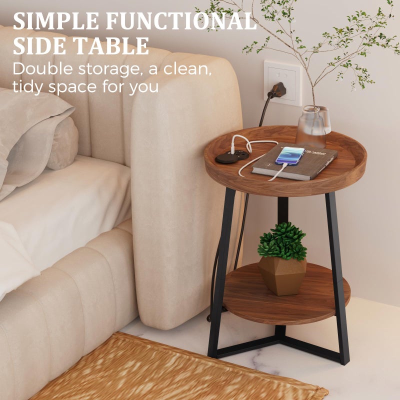 Gadroad Round End Table with Charging Station, USB Ports, Wood Tabletop & Black Metal Frame, 2-Tier Side Table for Living Room, Bedroom, Brown 15.7 * 15.7 * 23.0inches - Image 5