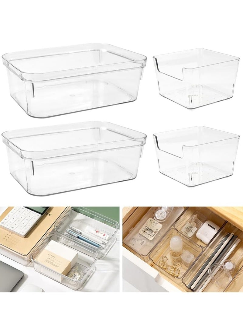 Desk Drawer Organiser, Desktop Storage Box 4 Pack Large Kitchen Acrylic Drawer Organiser Set, Fridge Organiser Clear Plastic Storage Bo