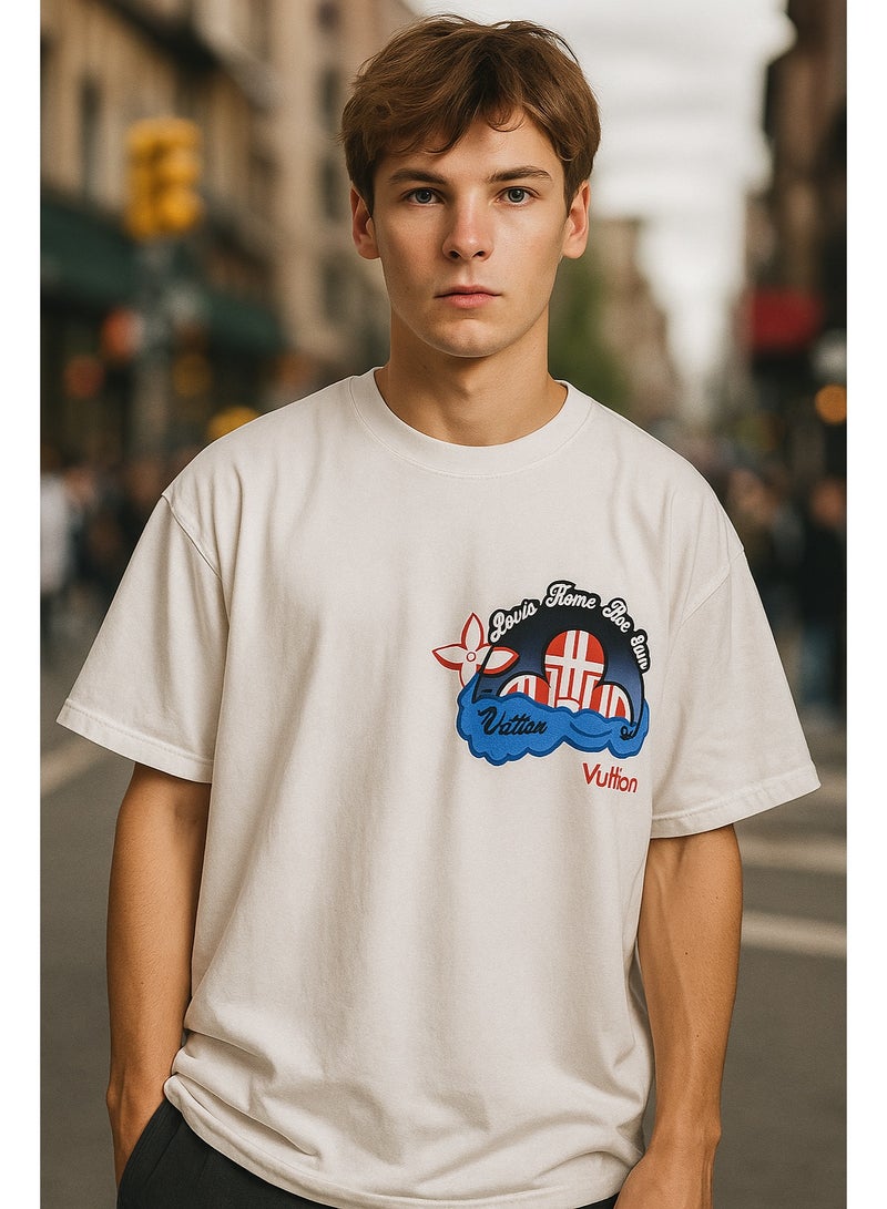 لويس فويتون تيشيرت أفرسايز رجالي بخامة قطن ممتاز وتصميم جرافيك عصري ومميز ستريت وير يناسب إطلالات الشباب - Image 1