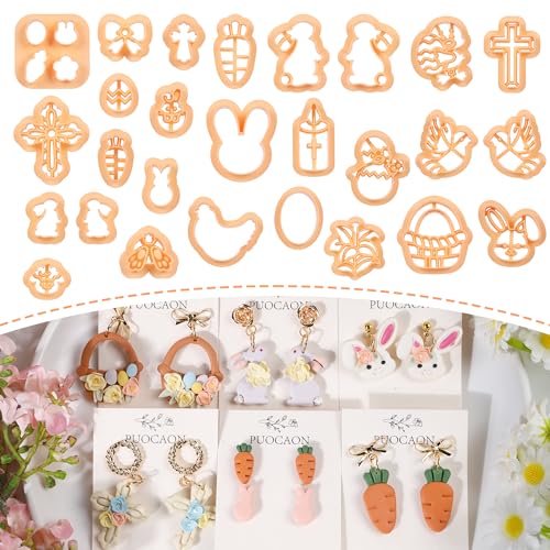 Puocaon Easter Polymer Clay Cutters - 27 Shapes Spring Clay Cutters for Polymer Jewelry, Rabbits Carrot Easter Eggs Basket Cross Shape Cutter - Image 1