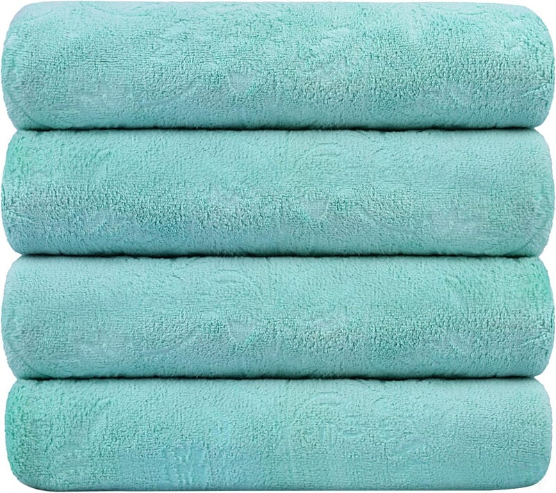 JML Microfiber Bath Towels, Bath Towel 4 Pack(30" x 60"), Oversized, Soft, Super Absortbent and Fast Drying, Multipurpose Use for Sports, Fitness, Yoga, Green-Floral Embossed - Image 1