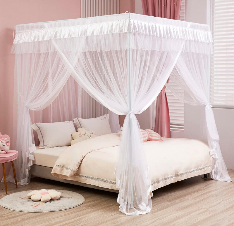 Mengersi 4 Corners Post Canopy Bed Curtains for Girls Kids Adults Queen Size- Cute Cozy Drape Square Netting - 4 Opening Mosquito Net - Princess Bedroom Decoration Gift - Image 3