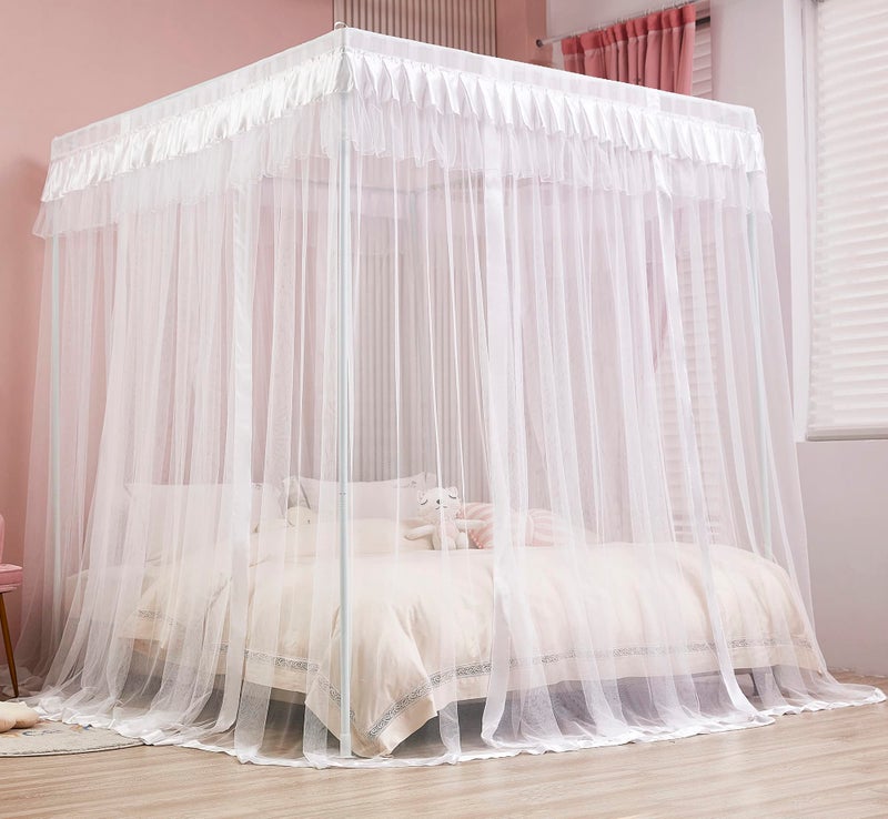 Mengersi 4 Corners Post Canopy Bed Curtains for Girls Kids Adults Queen Size- Cute Cozy Drape Square Netting - 4 Opening Mosquito Net - Princess Bedroom Decoration Gift - Image 4