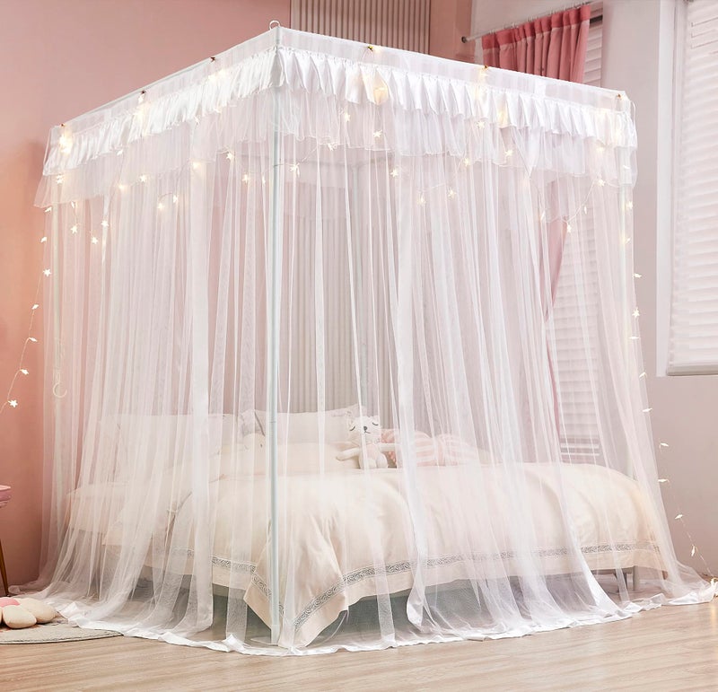 Mengersi 4 Corners Post Canopy Bed Curtains for Girls Kids Adults Queen Size- Cute Cozy Drape Square Netting - 4 Opening Mosquito Net - Princess Bedroom Decoration Gift - Image 2