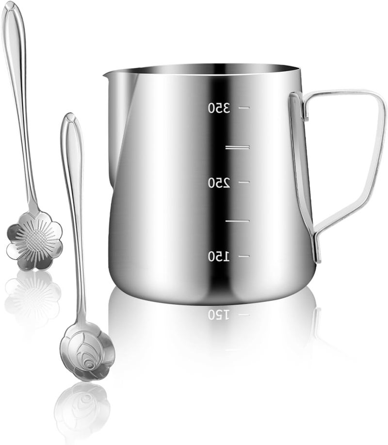 PROKITCHEN Milk Frothing Pitcher, 12oz/350ML Milk Frother Cup with Clear Scale 1PCS, Stainless Steel Cappuccino Espresso Machine Accessories for Barista Coffee Bar Attached Dessert Spoons 2PCS - Image 1