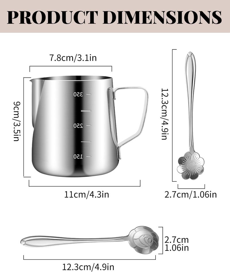 PROKITCHEN Milk Frothing Pitcher, 12oz/350ML Milk Frother Cup with Clear Scale 1PCS, Stainless Steel Cappuccino Espresso Machine Accessories for Barista Coffee Bar Attached Dessert Spoons 2PCS - Image 3