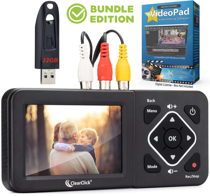 ClearClick محول الفيديو إلى الرقمية ClearClick 2.0 (الجيل الثاني) - سجل الفيديو من أجهزة VCR، أشرطة VHS، AV، RCA، Hi8، كاميرا الفيديو، DVD، أنظمة الألعاب (حزمة) [يتطلب VCR/كاميرا فيديو تعمل وأشرطة] - Image 1