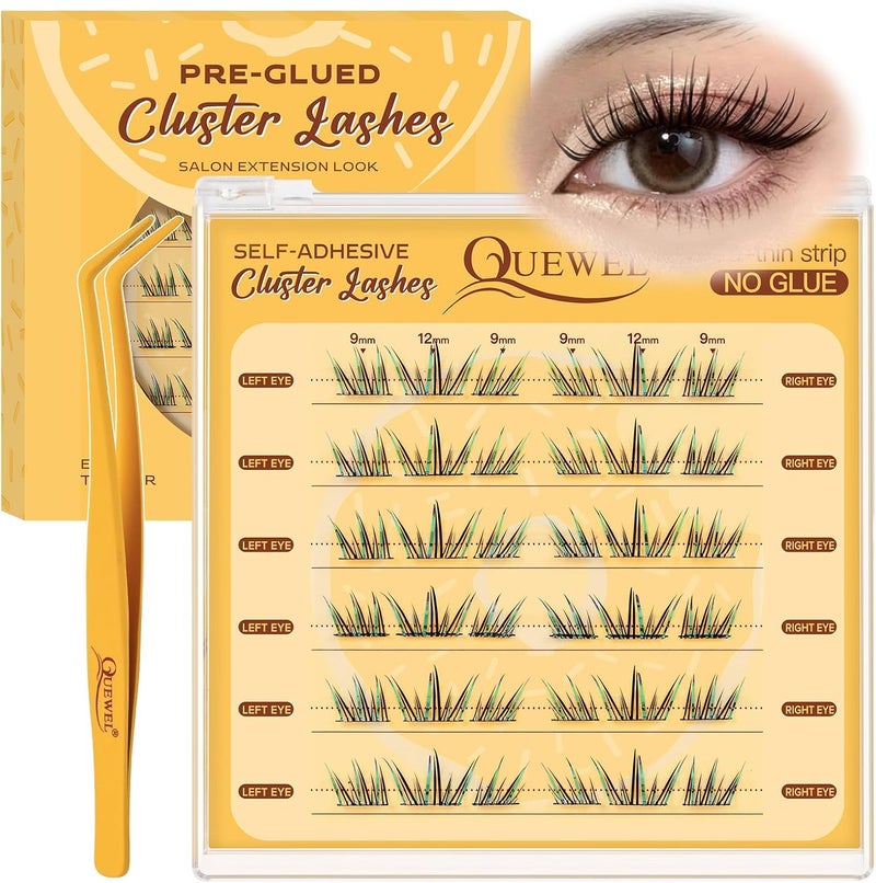 QUEWEL PreGluedClusterLashes Kit D Curve Pre Glued Eyelashes Strong Hold 912MM No Glue Needed Self Adhesive Eyelashes with Applicator BP02
