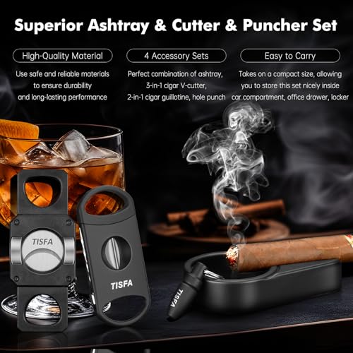 TISFA Cigar Ashtray Set, Portable Ash tray for Outdoor, Hole Punch, V Cutter with Draw Enhancer and Holder, Straight Cutter with Stand, Cigar Accessories Ashtray Gift Set - Image 2