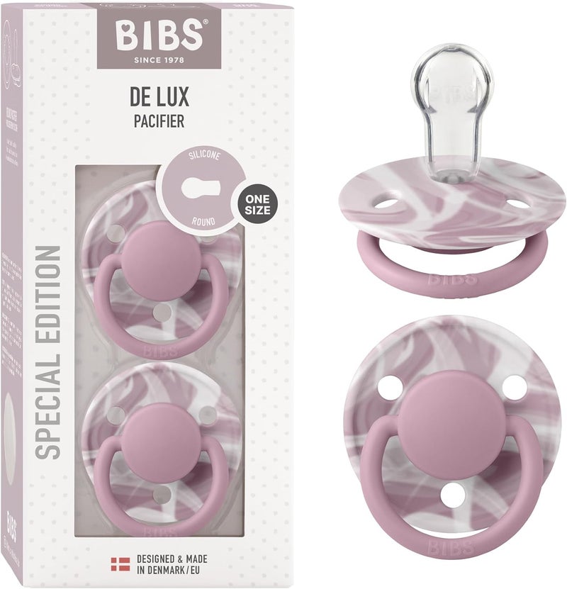 BIBS De Lux Tie Dye Pacifier Pack of 2 - BPA Free Silicone for 0-6 Months, Heather White - Image 1