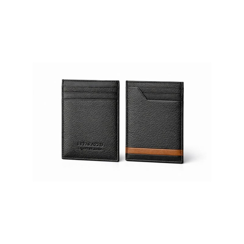 Men's Genuine Leather Card Holder Slim Vertical Wallet with Tan Stripe Accent, Quick-Access Notch Slot, Front Pocket Design - Image 3