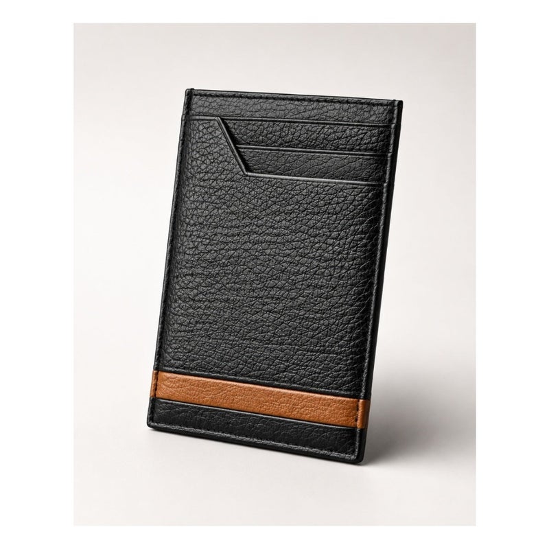 Men's Genuine Leather Card Holder Slim Vertical Wallet with Tan Stripe Accent, Quick-Access Notch Slot, Front Pocket Design - Image 1