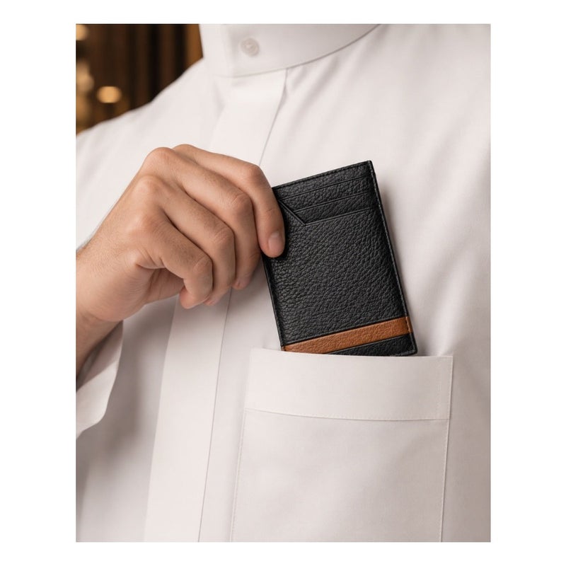 Men's Genuine Leather Card Holder Slim Vertical Wallet with Tan Stripe Accent, Quick-Access Notch Slot, Front Pocket Design - Image 2