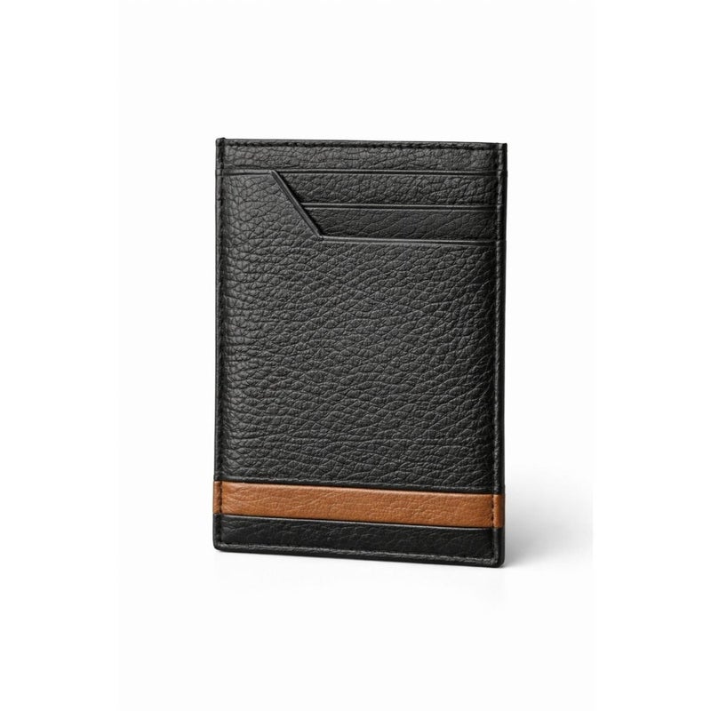 Men's Genuine Leather Card Holder Slim Vertical Wallet with Tan Stripe Accent, Quick-Access Notch Slot, Front Pocket Design - Image 5