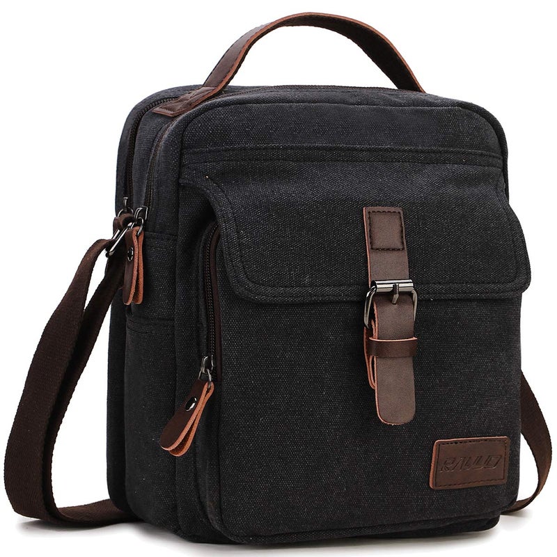 RAVUO Mens Messenger Bag Small Canvas Shoulder Bags Travel Bag Man Purse Crossbody Bags for Work and Business Black