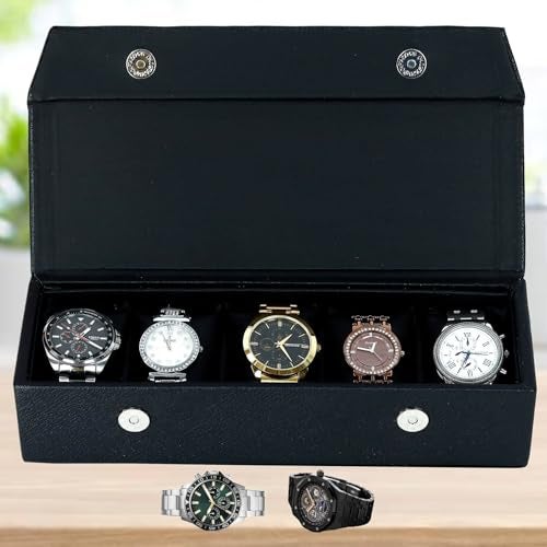Hard Craft Watch Case Box Organiser Jewelry, Bracelet & Accessories Collection Storage Holder Gift for 5 Slots With Premium Faux Leather Interior & Exterior For Men and Women, Black - Image 1