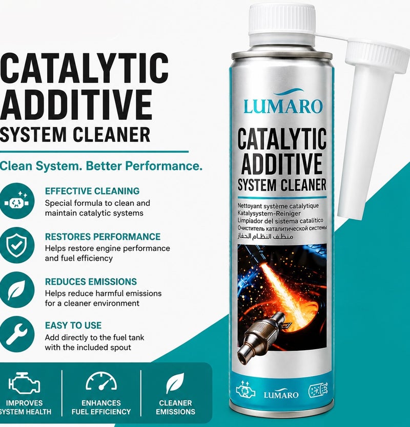 منظف ومُحسّن نظام العادم والمحول الحفاز (Catalytic Converter) من Lumaro لمحركات السيارات ونظام الوقود؛ يقلل الانبعاثات، ويستعيد أداء المحرك، ويعزز كفاءة استهلاك الوقود. منتج سهل الاستخدام يُضاف لخزان الوقود (مرفق معه فوهة صب)، عبوة 500 مل (موديل Erpc L-4006). - Image 2