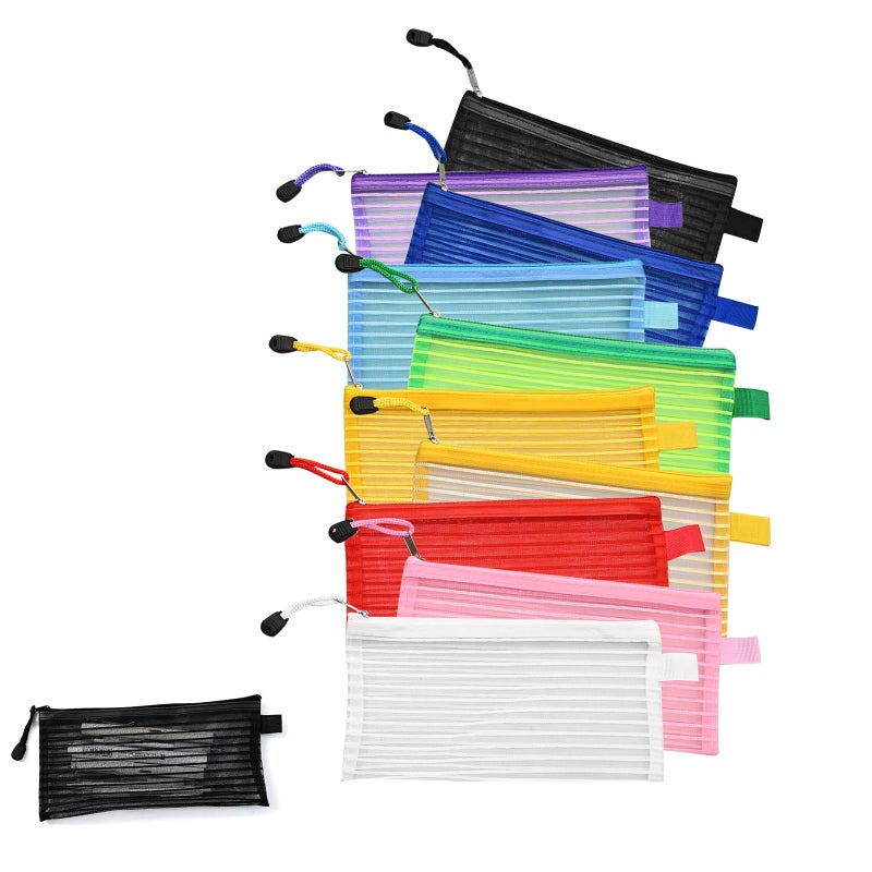 10-Color Zipper Mesh Pencil Cases, Multicolor Pen Bags, Multipurpose Storage Pouches for Office School Supplies, Travel Cosmetic Makeup Bag