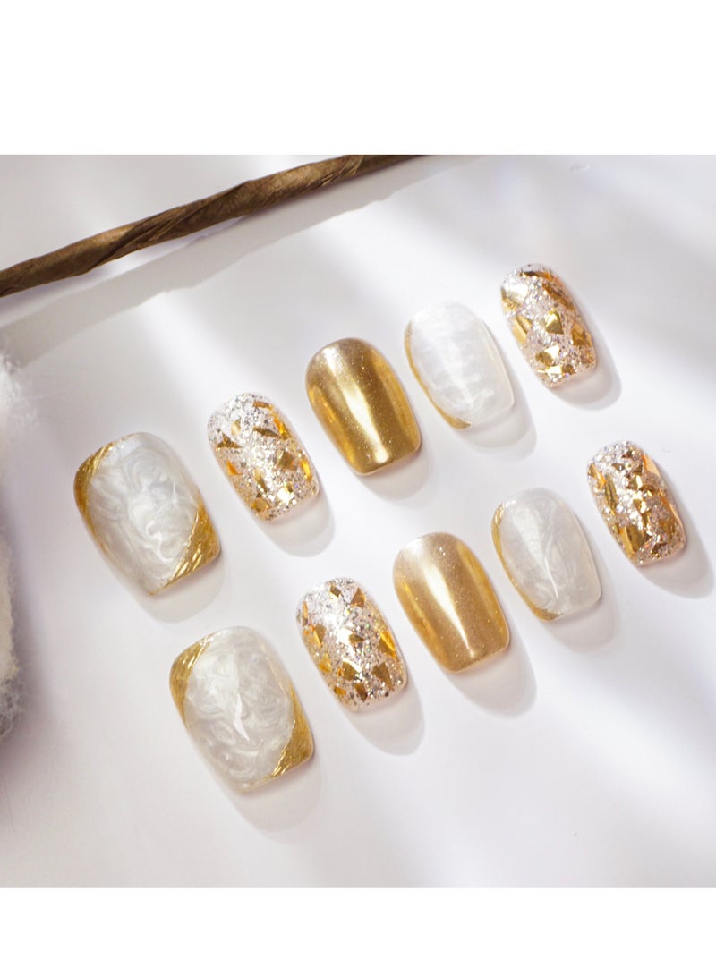 Artist Design/Elegant Gold (Handmade)/Press On nails/Luxury Hand Painted/Squoval/10 PCS/M Size - Image 2