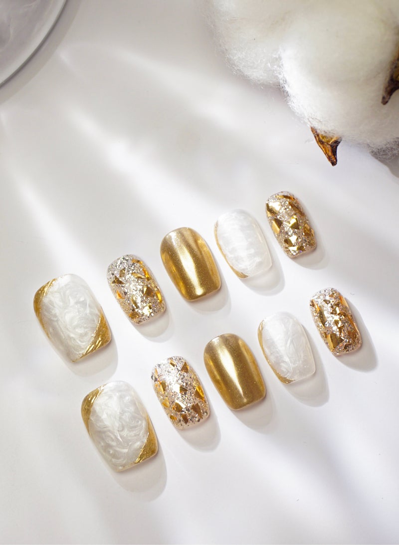 Artist Design/Elegant Gold (Handmade)/Press On nails/Luxury Hand Painted/Squoval/10 PCS/M Size - Image 1