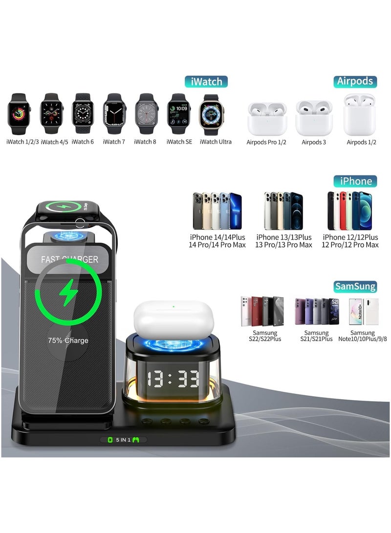 SYOSI Wireless Charger - 5 in 1 Fast Foldable Stand Dock- Inductive Charging Station With Ambient Light and Clock Function, for Multiple Devices Apple, for iPhone 15 14 13 12 Pro Max - Image 2