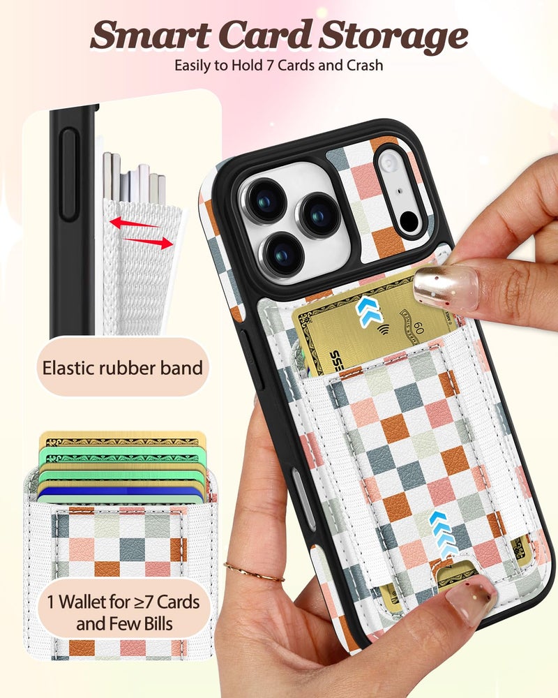 Shorogyt for iPhone 17 Pro Case Wallet - Fits 5 Cards, Compatible with Magsafe Detachable Magnetic Credit Card Holder Leather Cardholder Cute Phone Cover Women Girls for Apple 17Pro, Checkered - Image 3
