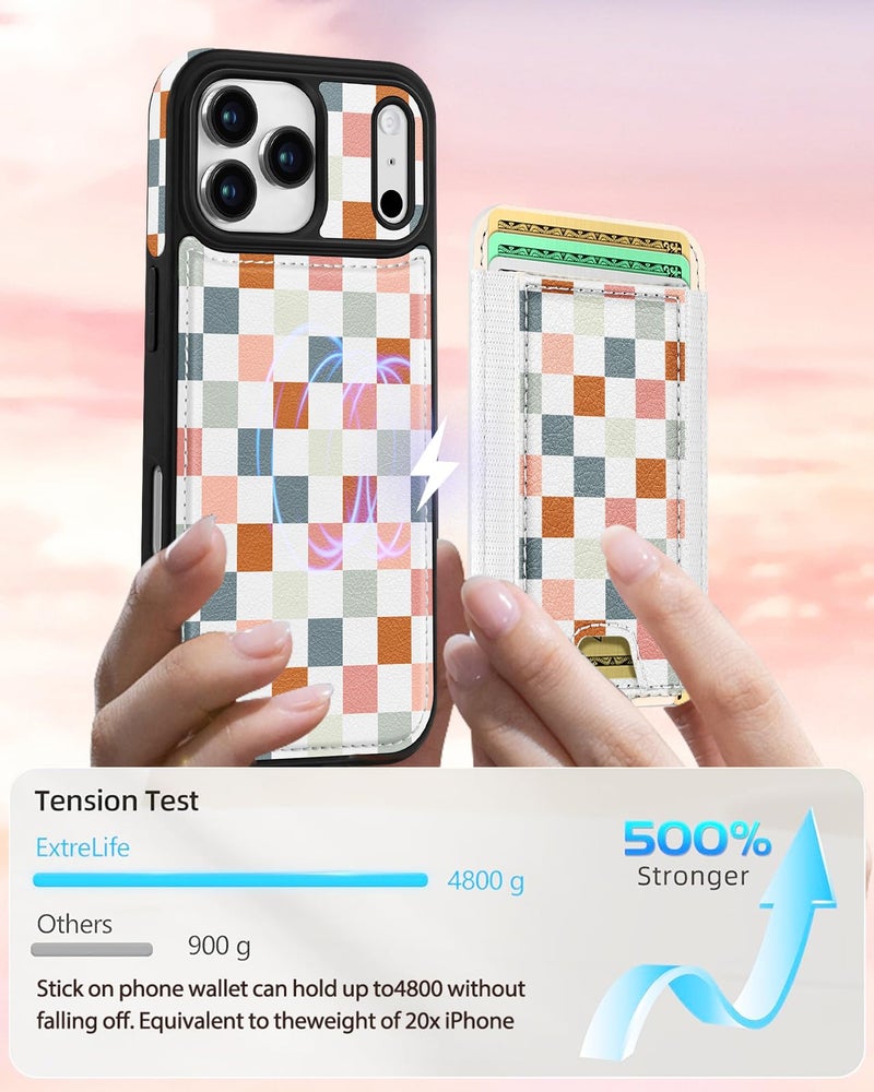 Shorogyt for iPhone 17 Pro Case Wallet - Fits 5 Cards, Compatible with Magsafe Detachable Magnetic Credit Card Holder Leather Cardholder Cute Phone Cover Women Girls for Apple 17Pro, Checkered - Image 4