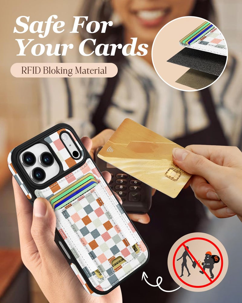 Shorogyt for iPhone 17 Pro Case Wallet - Fits 5 Cards, Compatible with Magsafe Detachable Magnetic Credit Card Holder Leather Cardholder Cute Phone Cover Women Girls for Apple 17Pro, Checkered - Image 5