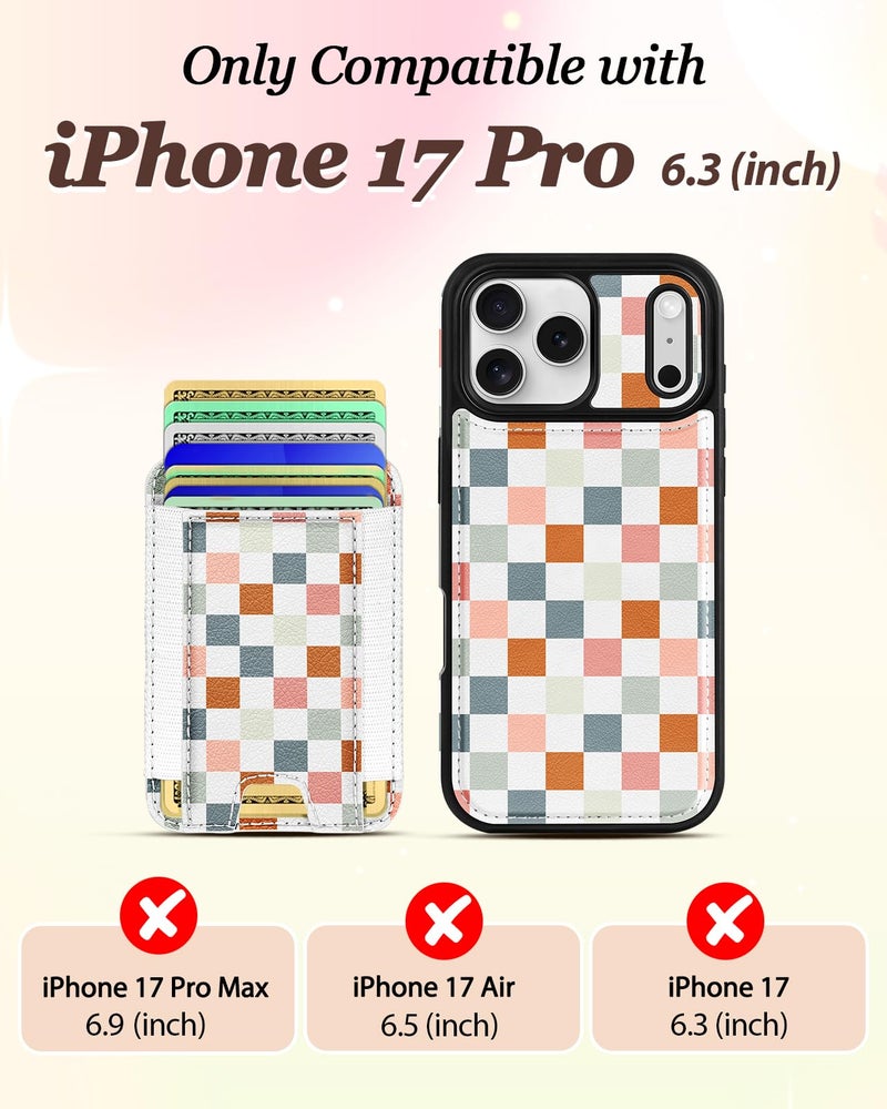 Shorogyt for iPhone 17 Pro Case Wallet - Fits 5 Cards, Compatible with Magsafe Detachable Magnetic Credit Card Holder Leather Cardholder Cute Phone Cover Women Girls for Apple 17Pro, Checkered - Image 2