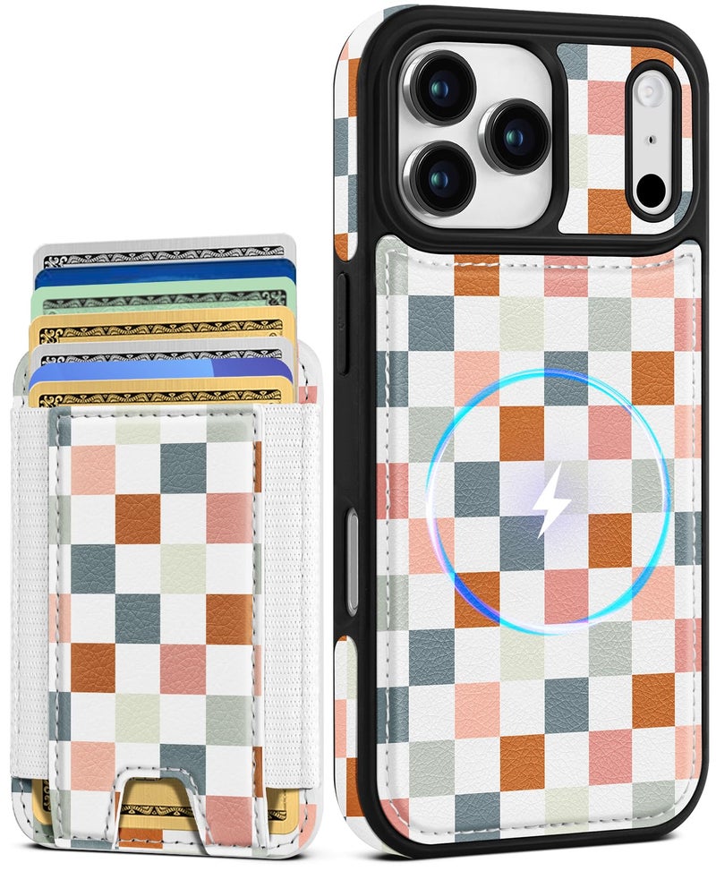 Shorogyt for iPhone 17 Pro Case Wallet - Fits 5 Cards, Compatible with Magsafe Detachable Magnetic Credit Card Holder Leather Cardholder Cute Phone Cover Women Girls for Apple 17Pro, Checkered - Image 1