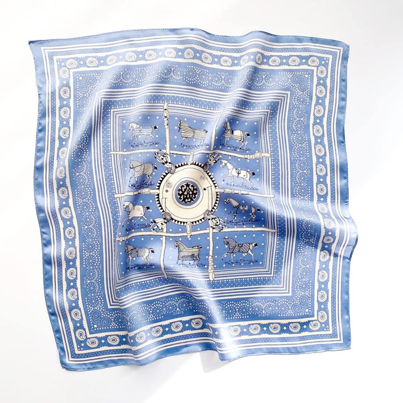 MEISEE 100% Pure Mulberry Silk Scarfs Women Small Square Scarf 21" x 21" Breathable Lightweight Neckerchief Printed Headscarf (Light blue carriage) - Image 1