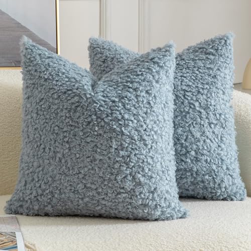 Yaertun Pack of 2 Faux Fur Throw Pillow Covers Decorative Sherpa Boucle Pillow Covers Fuzzy Soft Pillowcases Sheepskin Fleece Cushion Case for Couch Sofa Bed Living Room 16x16 Inch Light Blue - Image 1