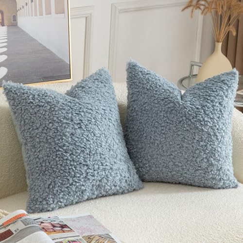 Yaertun Pack of 2 Faux Fur Throw Pillow Covers Decorative Sherpa Boucle Pillow Covers Fuzzy Soft Pillowcases Sheepskin Fleece Cushion Case for Couch Sofa Bed Living Room 16x16 Inch Light Blue - Image 3