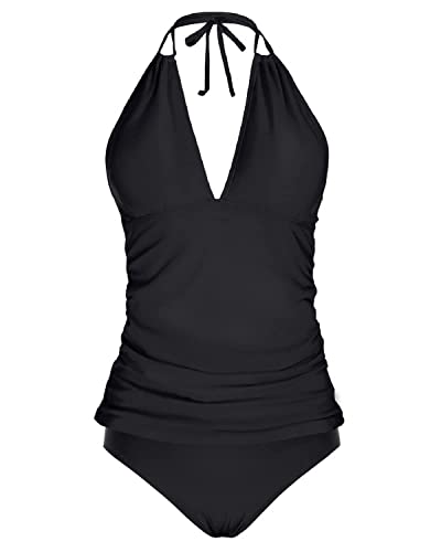 Yonique Womens Two Piece Swimsuits Tummy Control Tankini Plus Size Bathing Suit Halter V Neck Swimwear Solid Black XXL - Image 4