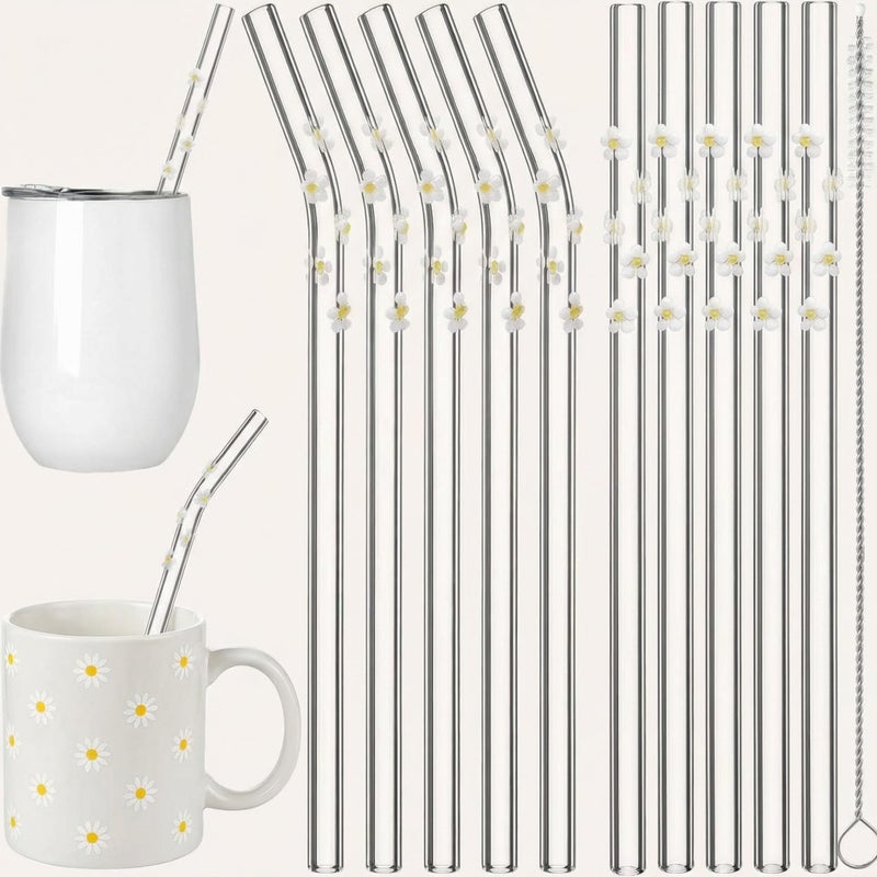 Yoande 10 Pcs Daisy Icon Glass Straws with Charms Cute Reusable Straws Glass with Brush Daisy Shaped Clear Drinking Sucker Spring Party Decor Bachelorette Decor Bridal Engagement Drinkware - Image 1