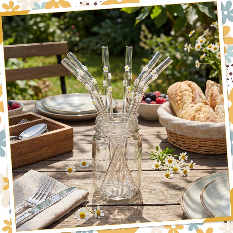 Yoande 10 Pcs Daisy Icon Glass Straws with Charms Cute Reusable Straws Glass with Brush Daisy Shaped Clear Drinking Sucker Spring Party Decor Bachelorette Decor Bridal Engagement Drinkware - Image 2