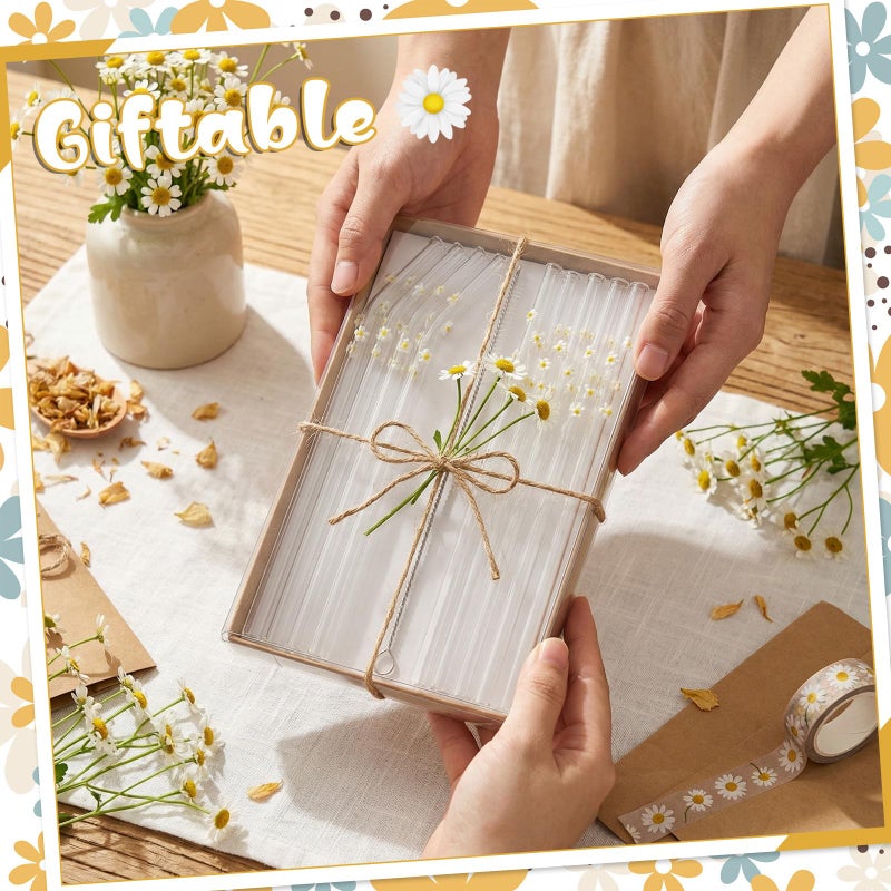 Yoande 10 Pcs Daisy Icon Glass Straws with Charms Cute Reusable Straws Glass with Brush Daisy Shaped Clear Drinking Sucker Spring Party Decor Bachelorette Decor Bridal Engagement Drinkware - Image 5