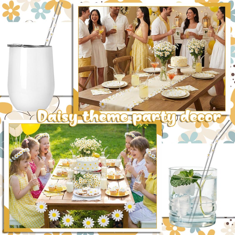 Yoande 10 Pcs Daisy Icon Glass Straws with Charms Cute Reusable Straws Glass with Brush Daisy Shaped Clear Drinking Sucker Spring Party Decor Bachelorette Decor Bridal Engagement Drinkware - Image 4