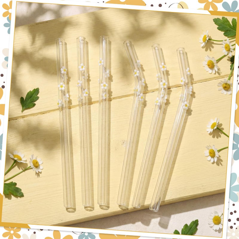 Yoande 10 Pcs Daisy Icon Glass Straws with Charms Cute Reusable Straws Glass with Brush Daisy Shaped Clear Drinking Sucker Spring Party Decor Bachelorette Decor Bridal Engagement Drinkware - Image 3