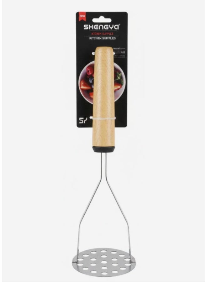 Shengya Heavy-Duty Stainless Steel Potato Masher with Wooden Handle – Efficient Mashing Tool for Potatoes & Vegetables (26 cm) - Image 1